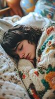 Young woman peacefully sleeping on a cozy bed with soft blankets and pillows photo
