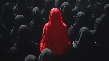 Mysterious gathering of cloaked figures with one standout in a striking red cloak photo