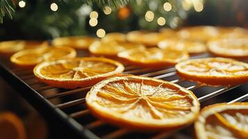 Dried orange slices arranged neatly on a cooling rack with soft light filtering through greenery photo