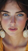 Beautiful model with blue eyes and golden earrings posing against a simple background photo