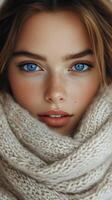 Beautiful young woman wrapped in a cozy scarf with striking blue eyes in a winter setting photo
