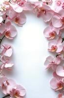 Pink orchid flowers arranged artistically on a white surface creating a beautiful frame for design purposes photo