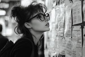 Young woman examining bulletin board filled with notices in a busy urban environment photo