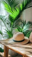 Stylish straw hats displayed creatively against a charming tropical backdrop in a cozy setting photo
