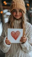 Smiling young woman holds heart drawing against a warm, cozy background in autumn photo