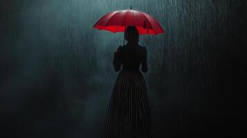 Woman holding a red umbrella in the rain during a nighttime setting photo