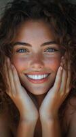 Smiling young woman with curly hair and freckles expressing joy in a natural setting photo