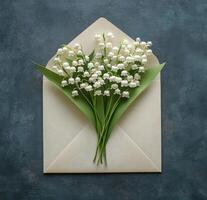 Beautiful arrangement of lily of the valley flowers in an open white envelope on a gray background photo