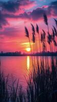 Serene sunset over tranquil lake with tall grass swaying gently in the breeze photo