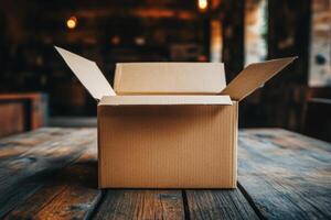 Empty cardboard box placed on a rustic wooden table in a dimly lit room with warm ambient lights photo