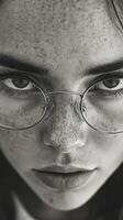 Young woman with glasses and captivating blue eyes in softly lit setting photo