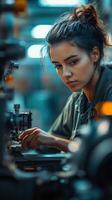 Young woman focused on machinery in an industrial workshop during afternoon hours photo