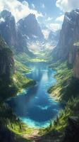 Majestic mountain landscape with lush greenery and a tranquil lake photo