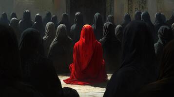 Mysterious gathering of cloaked figures with one standout in a striking red cloak photo