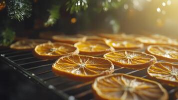 Dried orange slices arranged neatly on a cooling rack with soft light filtering through greenery photo