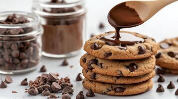 Delicious chocolate chip cookies with melted chocolate drizzle on top and chocolate chips around photo
