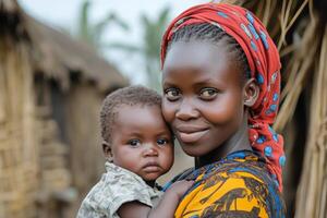 Mother holding child in rural setting with warm expressions during daytime photo