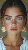 Beautiful model with blue eyes and golden earrings posing against a simple background photo