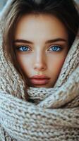 Beautiful young woman wrapped in a cozy scarf with striking blue eyes in a winter setting photo