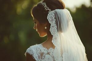 Bridal portrait of a woman with blue eyes and a delicate veil captured in soft light photo