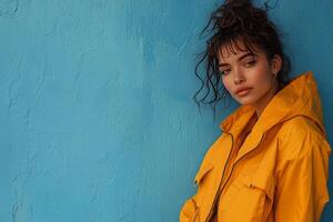 Young woman in yellow jacket poses against vibrant blue wall outdoors photo