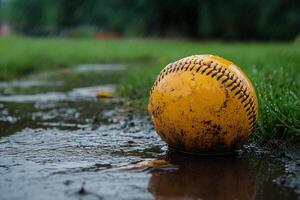 Rain-soaked baseball resting on muddy ground during a gloomy day in an empty park photo