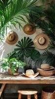 Stylish straw hats displayed creatively against a charming tropical backdrop in a cozy setting photo