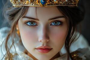 Portrait of a young queen wearing a detailed crown with striking blue eyes and elegant features photo