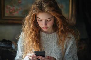Young woman in cozy sweater using smartphone in a warm, rustic setting during daytime photo