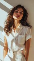 Elegant portrait of a young woman in a stylish white shirt against a dark background photo