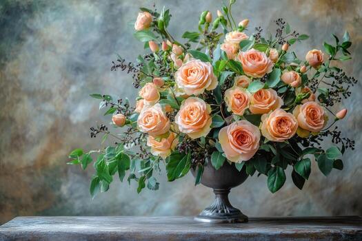 Beautiful arrangement of peach roses in elegant vase with greenery in soft light setting photo