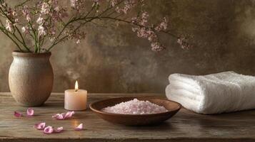 Relaxing spa setup with candles, towels, and salt on a wooden table in a tranquil setting photo