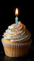 Delicious cupcake with candle glowing, perfect for celebrations or birthdays photo