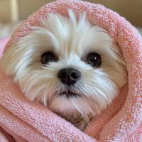 Cute small dog wrapped in pink towel with fluffy fur and bright eyes photo