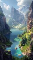 Majestic mountain landscape with lush greenery and a tranquil lake photo