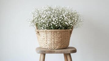 Beautiful white flowers in a woven basket on a wooden stool, perfect for home decor in a minimalist setting photo