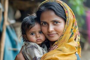 Mother holding child in rural setting with warm expressions during daytime photo