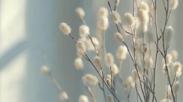 White floral branches softly illuminated by natural light in a serene indoor setting photo