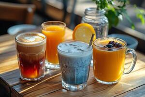 Refreshing assortment of cold beverages on a wooden table in a casual setting photo