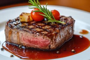 Grilled steak with herbs and sauce served on a white plate photo