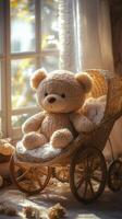 Cozy knitted teddy bears in a vintage stroller by the window on a sunny afternoon photo