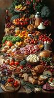 Buffet table filled with assorted food items and fresh ingredients in a cozy setting photo