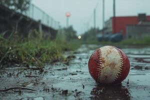 Rain-soaked baseball resting on muddy ground during a gloomy day in an empty park photo