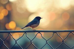 Bird resting on a fence surrounded by flowers during golden hour in a peaceful garden photo