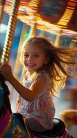 Joyful girl riding a carousel horse at a summer fair in an amusement park photo