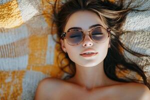 Young woman relaxing on a beach towel under the sun with sunglasses on a warm summer day photo