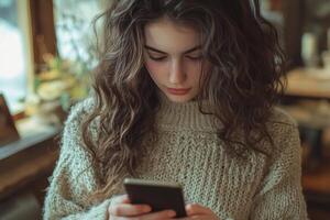 Young woman in cozy sweater using smartphone in a warm, rustic setting during daytime photo