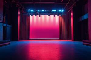 Vibrant pink stage with modern lighting design in an empty theater setting photo