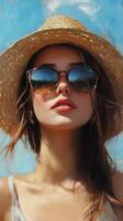 Woman wearing sunglasses and a straw hat in a natural outdoor setting on a sunny day photo