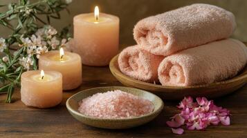 Relaxing spa setup with candles, towels, and salt on a wooden table in a tranquil setting photo